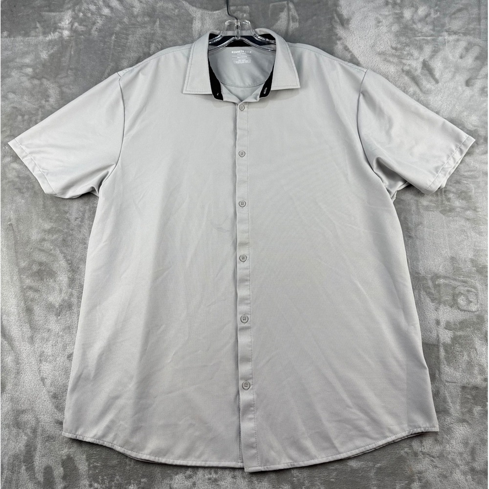 Kenneth Cole Button Down Mens XXL Short Sleeve Gray Stretch Waffle EUC